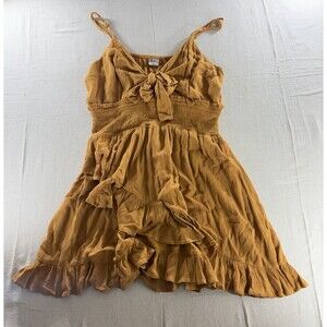 Bila 77 Mustard Yellow Boho Ruffle Mini Dress Smocked Tie Front - Size L